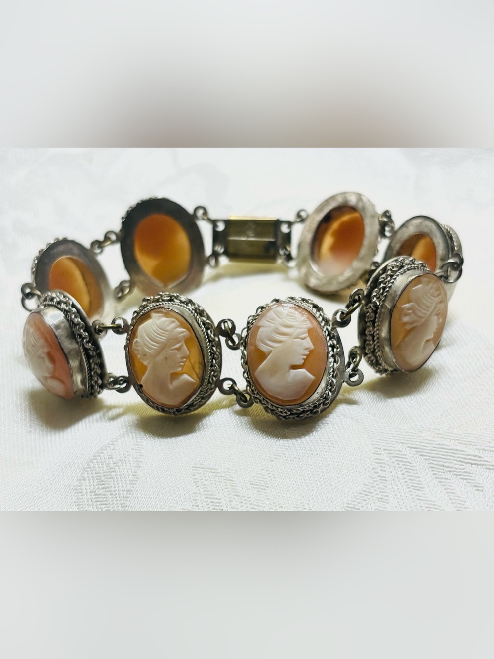 Vintage Carved Shell Cameo Link Bracelet European 800 Silver